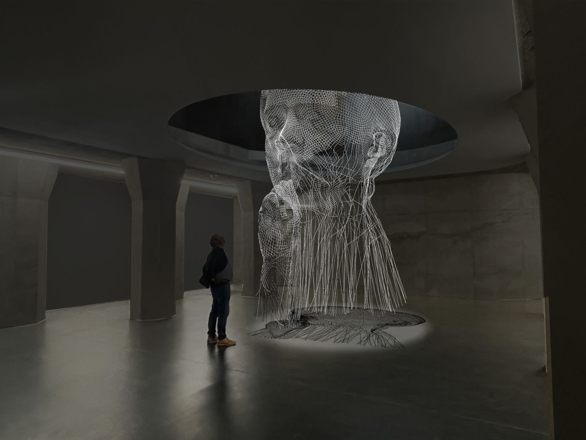 De ongeveer zeven meter hoge installatie „Invisible Anna“ lijkt bijna gewichtloos in de Siloraum van het Museum Küppersmühle