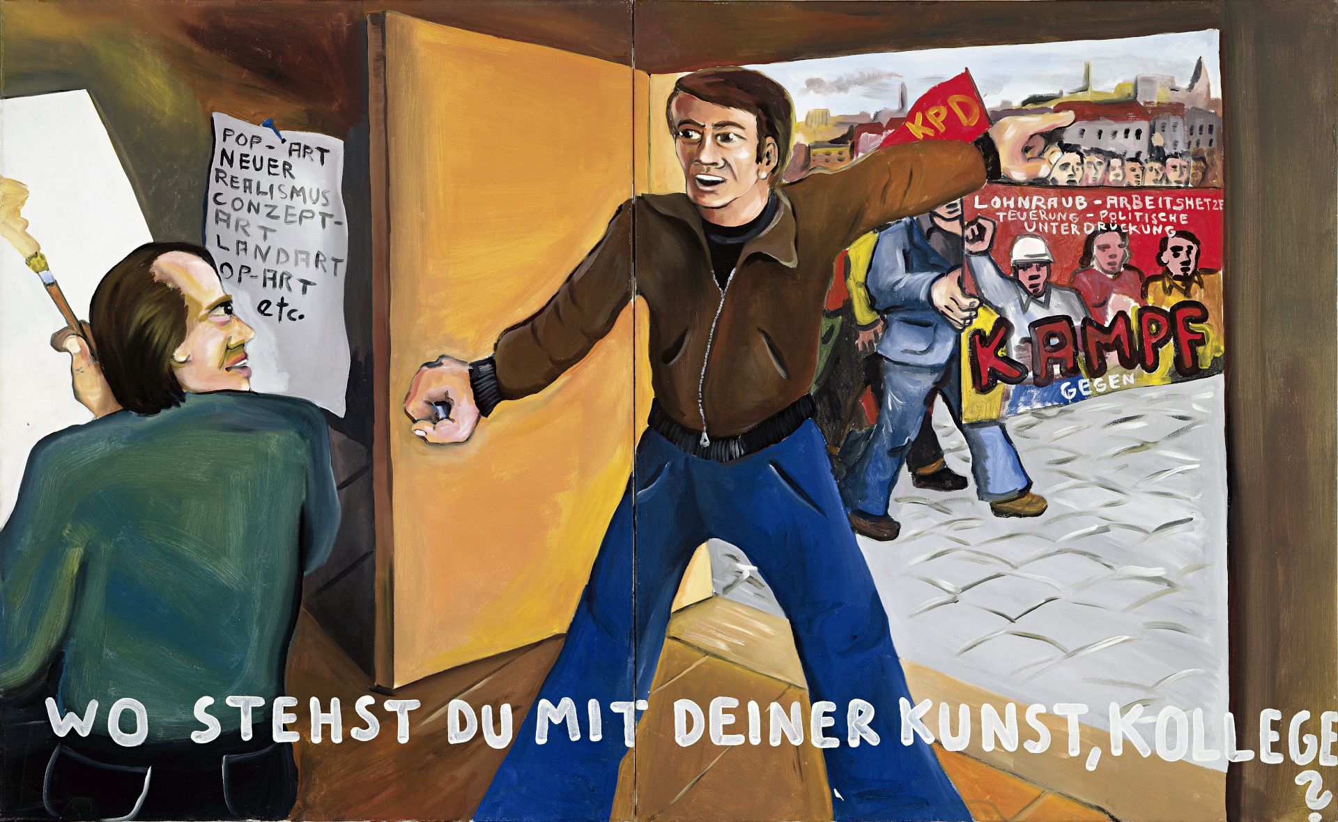 Jörg Immendorff, Hoe staat het met je kunst, collega?, 1973, acryl op doek, 2-delig, elk 130 × 210 cm, Musée d’Art Moderne de la Ville de Paris, foto: Farbanalyse
