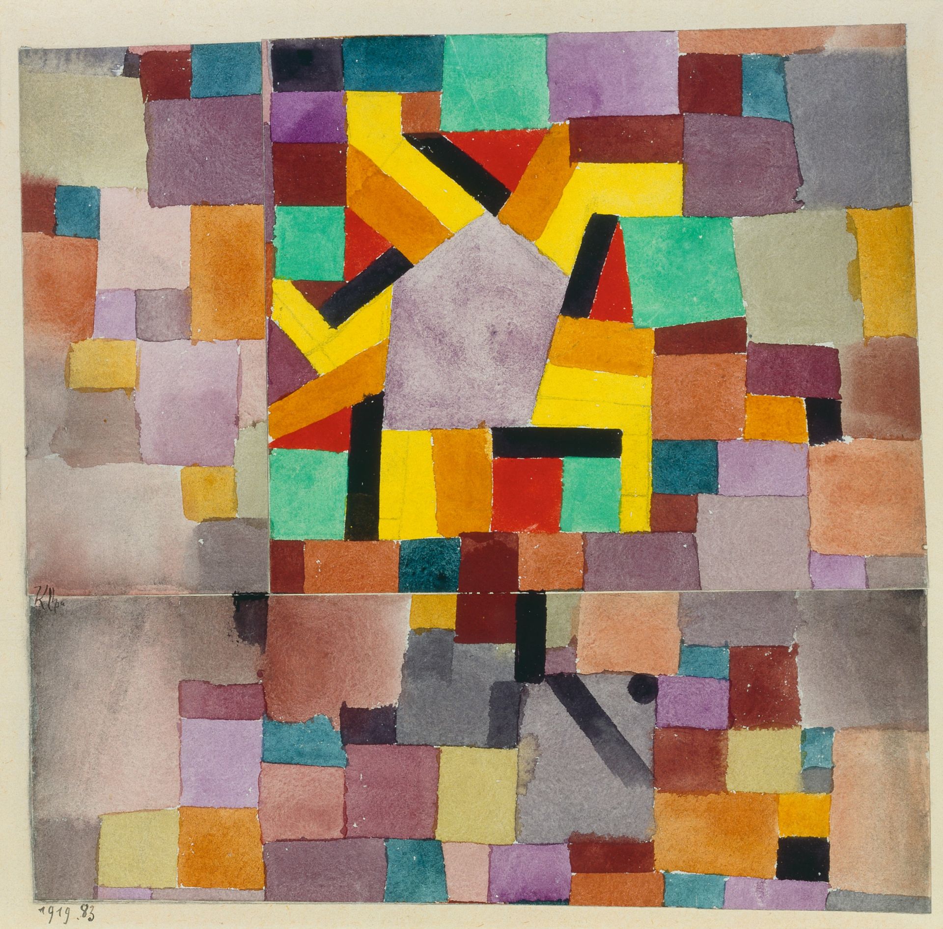 Paul Klee, Met de paarse vijfhoek (ornamenten van gekleurde rechthoeken), 1919, aquarel, 21,5 x 22,5 cm