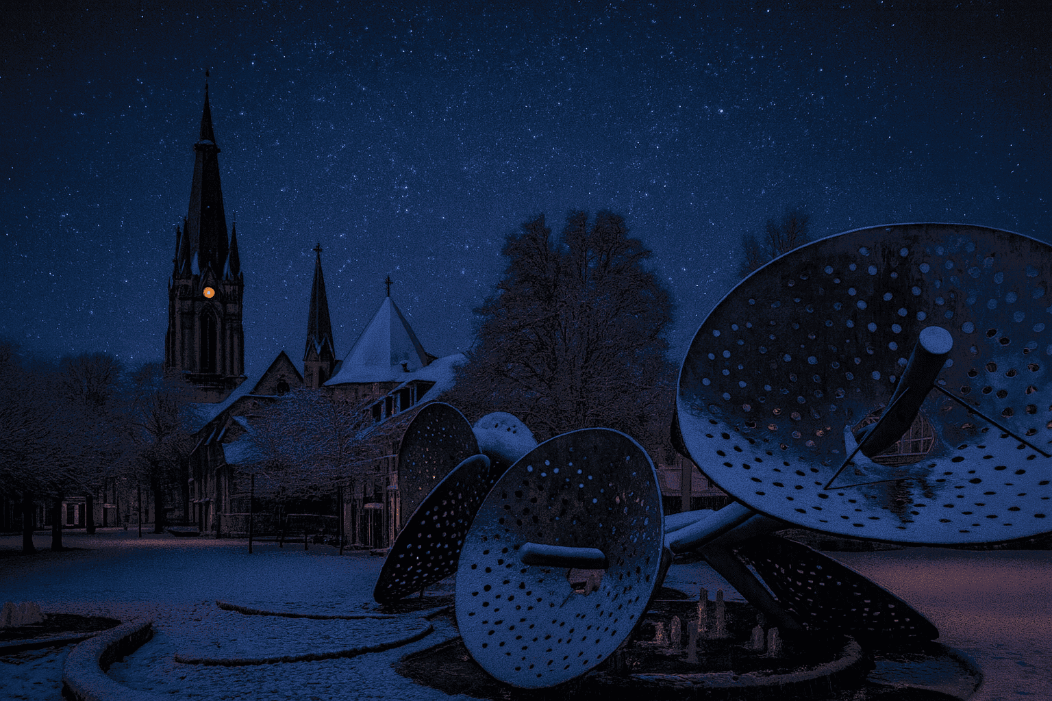 Het nachtelijke uitzicht op de vallende sterrenmarkt van Emsdetten toont de kerk en grote, besneeuwde sculpturen onder een heldere sterrenhemel.