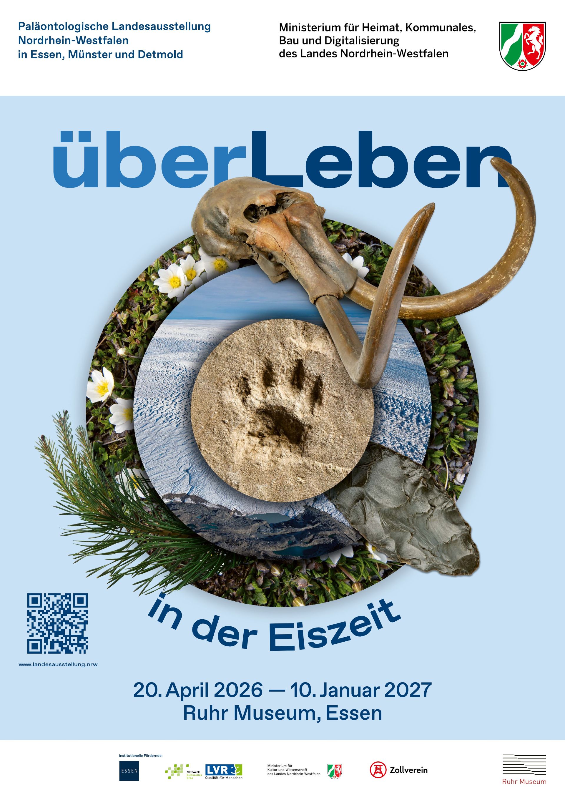 Bezoekers kunnen de tentoonstelling „ÜberLeben in der Eiszeit“ van 20 april 2026 tot en met 10 januari 2027 bezoeken in het Ruhr Museum in Essen