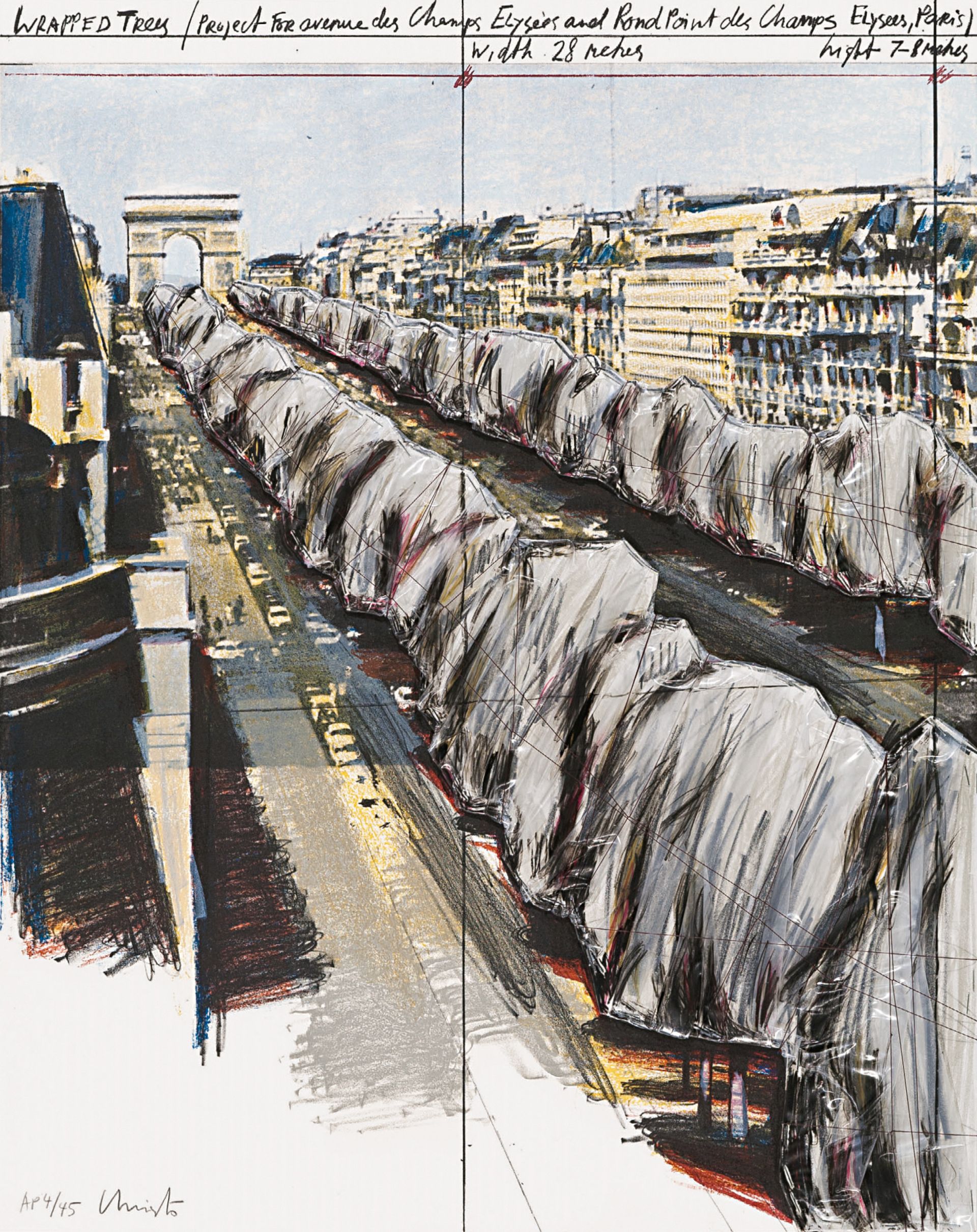 Wrapped Trees (Project voor de Avenue des Champs-Elysées, Parijs), 1987, litho met collage van polyetheenfolie, touw en nietjes, bewerkt met waskrijt, Stichting Christo en Jeanne Claude
waskrijt, Stichting Christo en Jeanne-Claude, New York