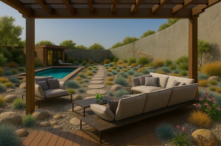 De feelgoodtuin "Human Living" is geïnspireerd op de archipeltuinen van Scandinavië, waar rotsen en water het landschap karakteriseren.