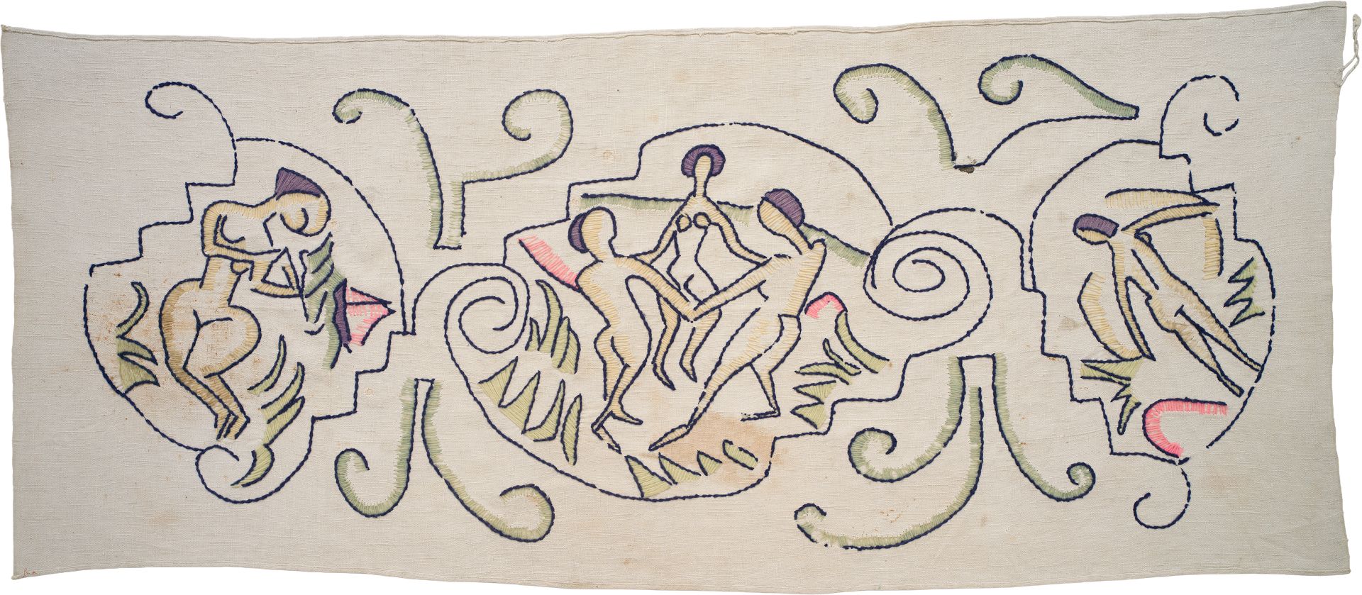 Erna Schilling, tafelkleed, 1914/15, naar een ontwerp van Ernst Ludwig Kirchner, borduurwerk met wolgaren op linnen