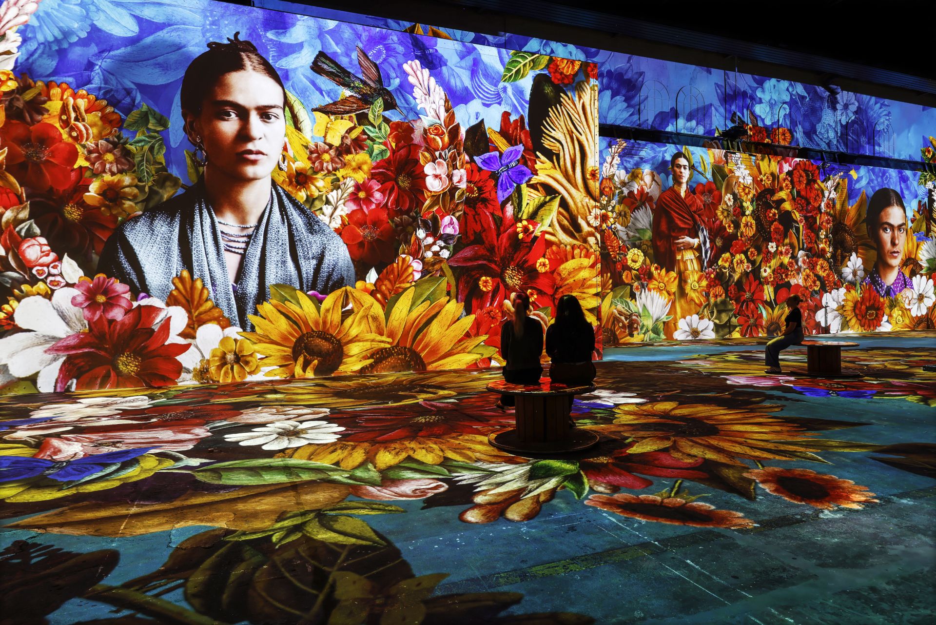 Ook originele werken, foto’s en collage-achtige animaties uit het leven van de kunstenares Frida Kahlo worden op groot formaat op muren en op de vloer geprojecteerd