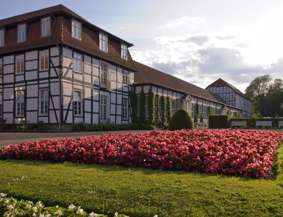 In de bloembedden van het Gräflicher Park Bad Driburg tonen talloze bloemen hun volle pracht.