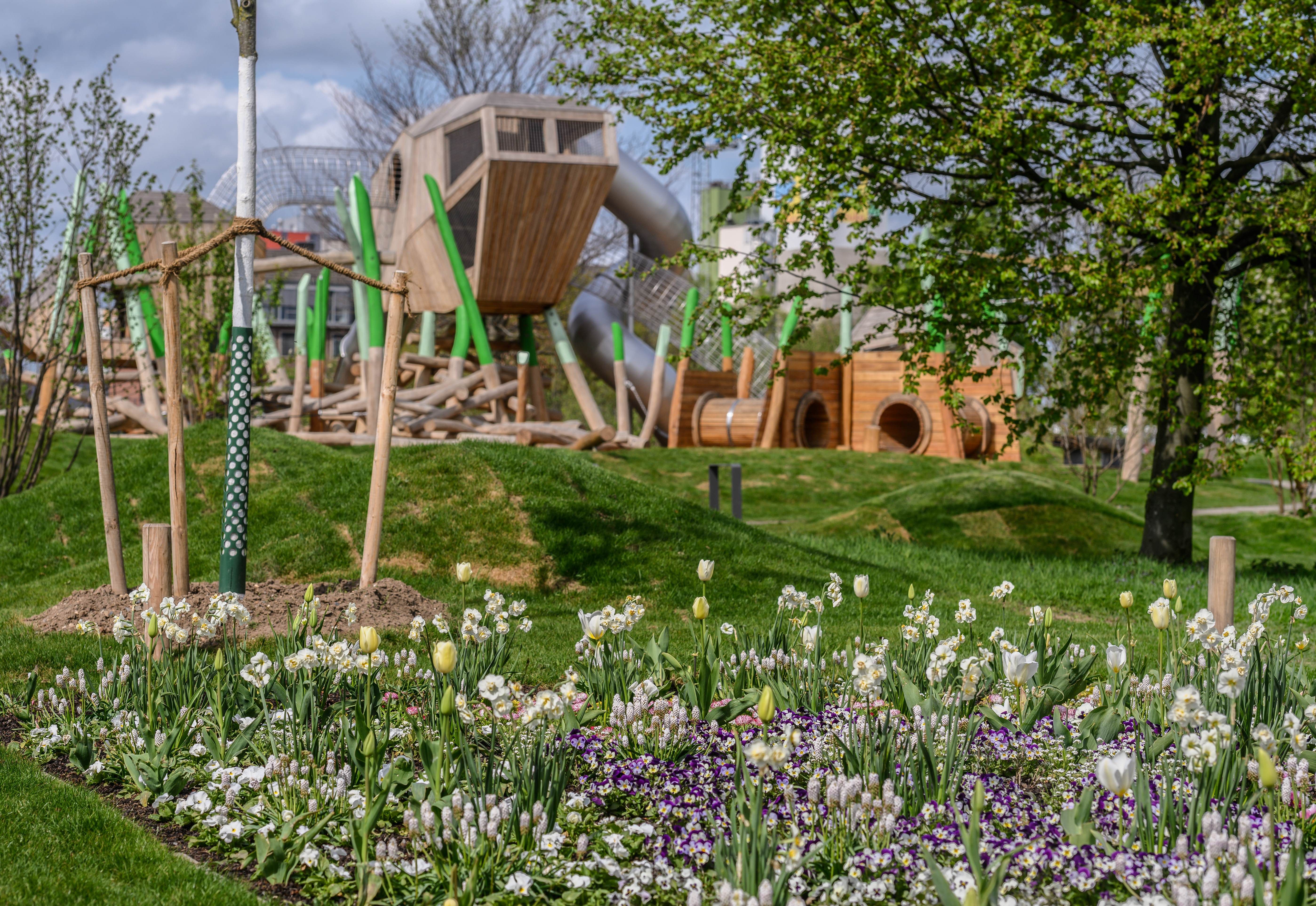 Een bloembed met tulpen en narcissen voor een speeltuin op de Bundesgartenschau Neuss 2026