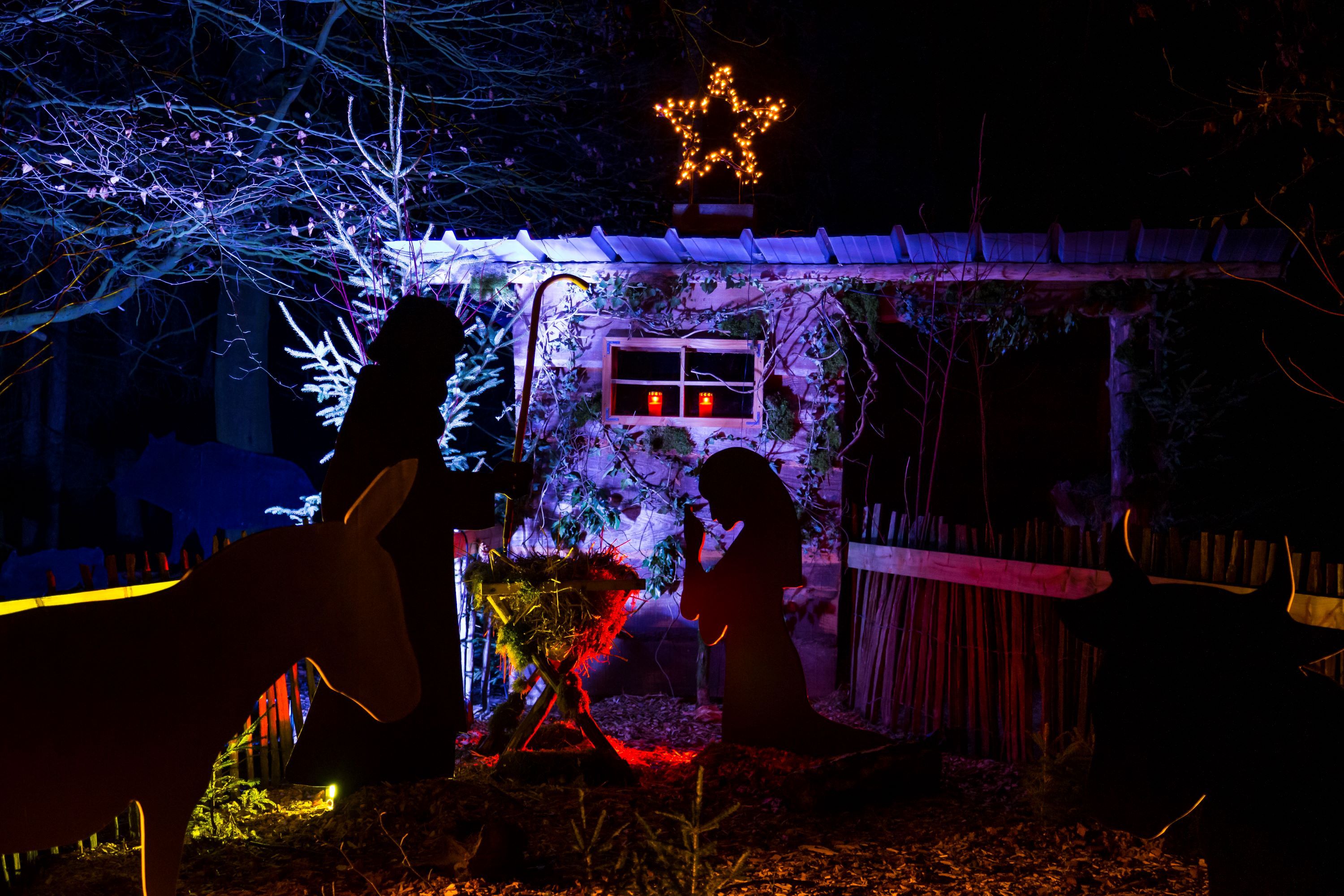 Kerststal op de kerstmarkt in het bos