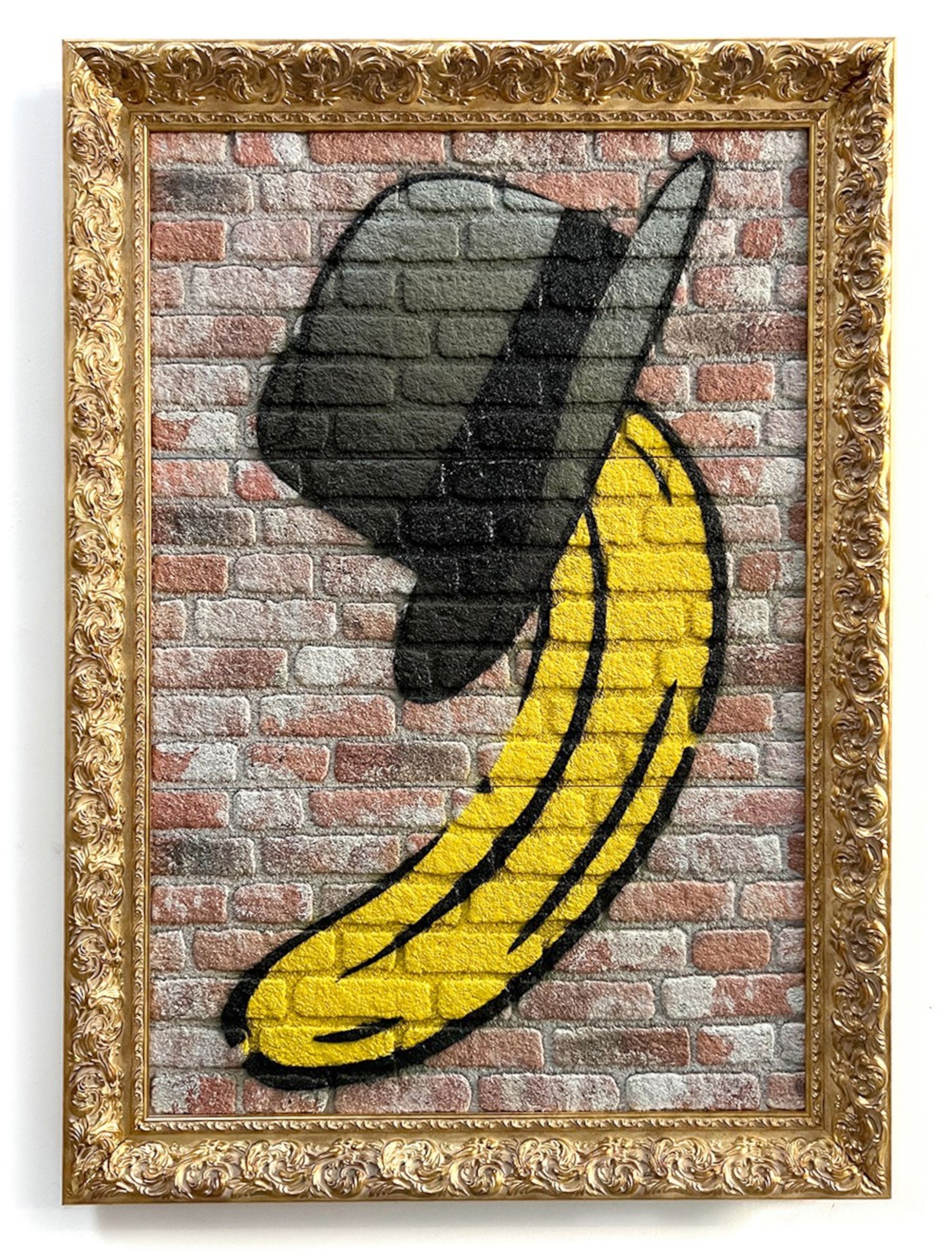 "Beuysbanane", 2023, spuitverf op imitatiemuur, 150 x 100 cm, WVZ nr. 2729
