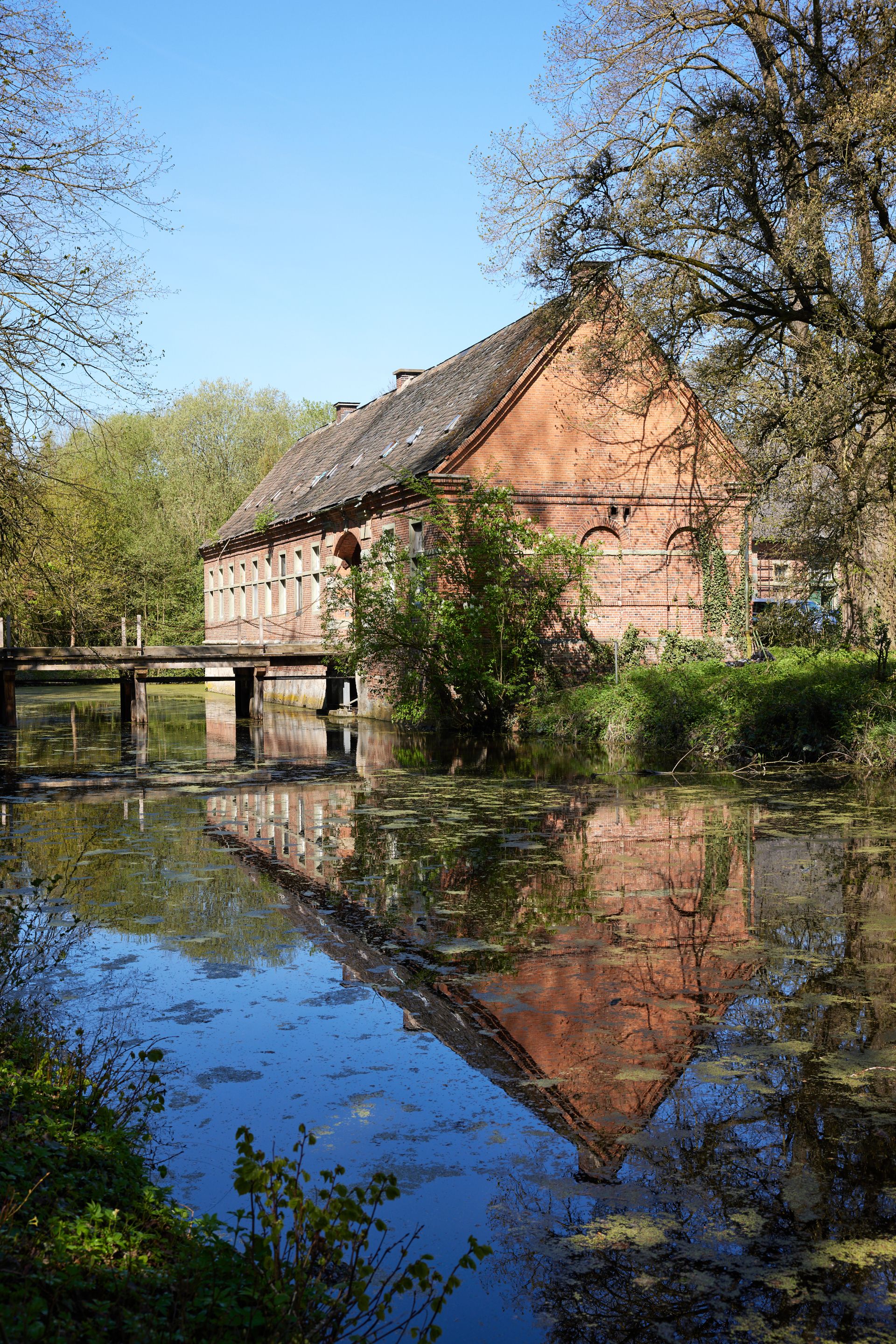 Het Renaissance Kasteel Assen in de Lippevallei is omgeven door bomen en een slotgracht