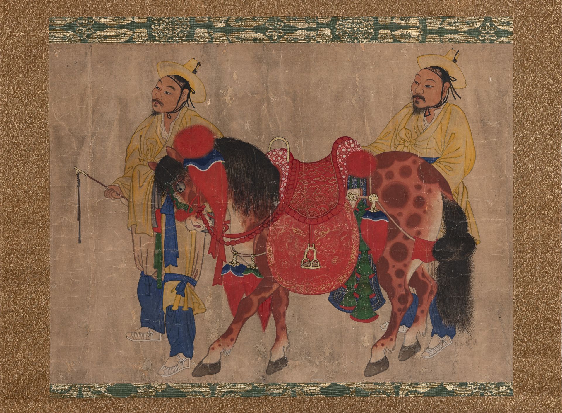 Paard met twee geleerden, Anoniem, Hangende rol, Inkt, kleuren en goud op papier, Korea, Joseon periode, eind 19e eeuw