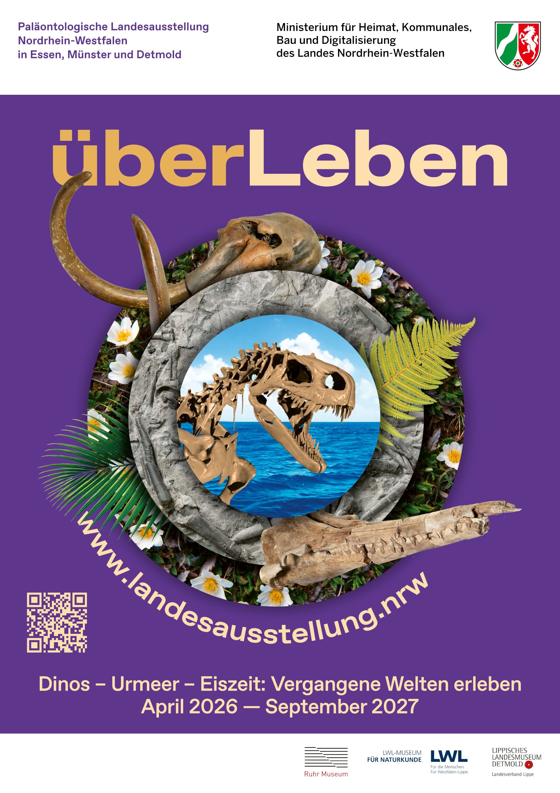 De paleontologische landstentoonstelling „überLeben“ toont de prehistorische wereld van april 2026 tot september 2027 in Essen, Münster en Detmold