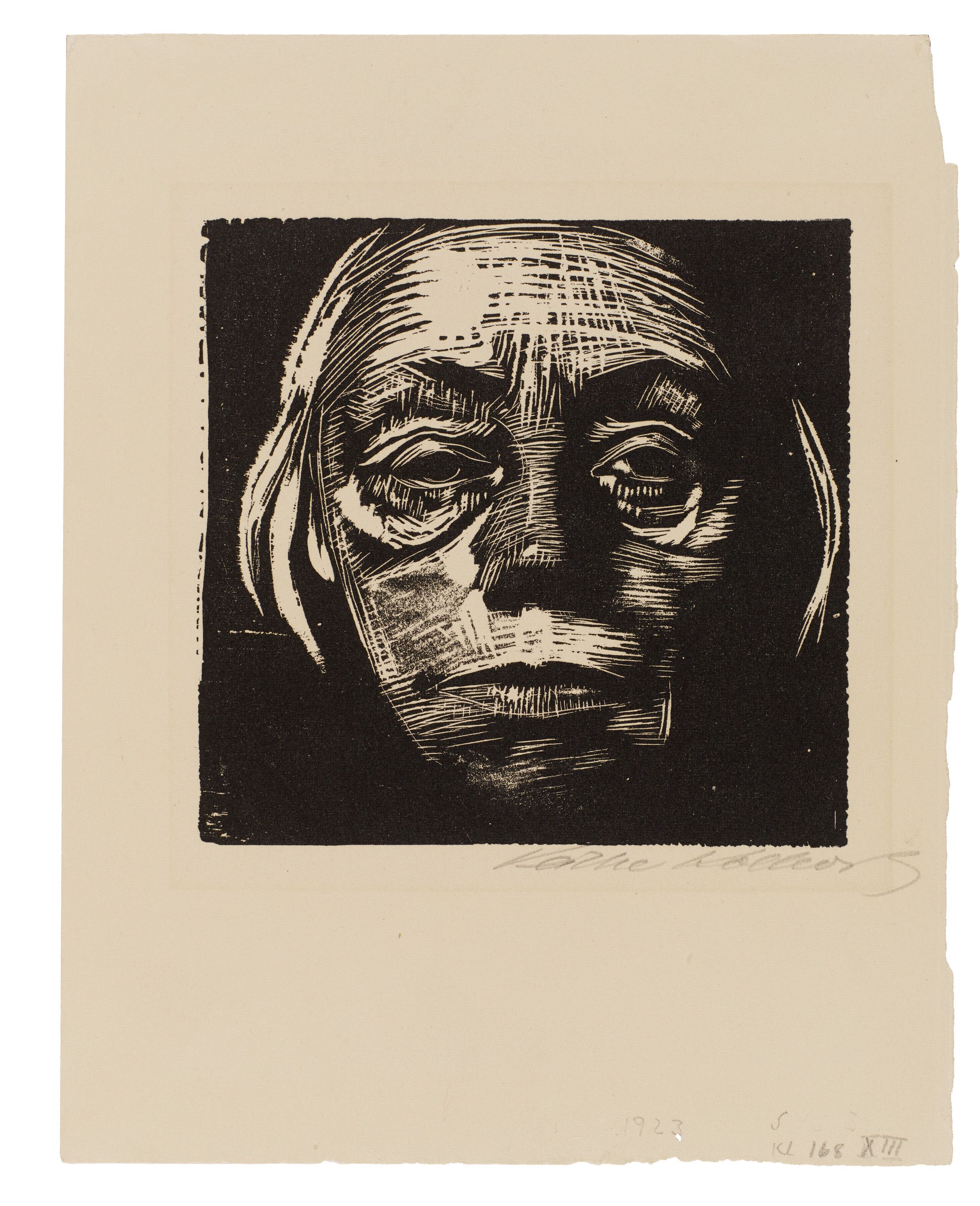 Käthe Kollwitz, 1867-1945, Zelfportret van voren, 1922/23, houtsnede, 151 x 156 mm