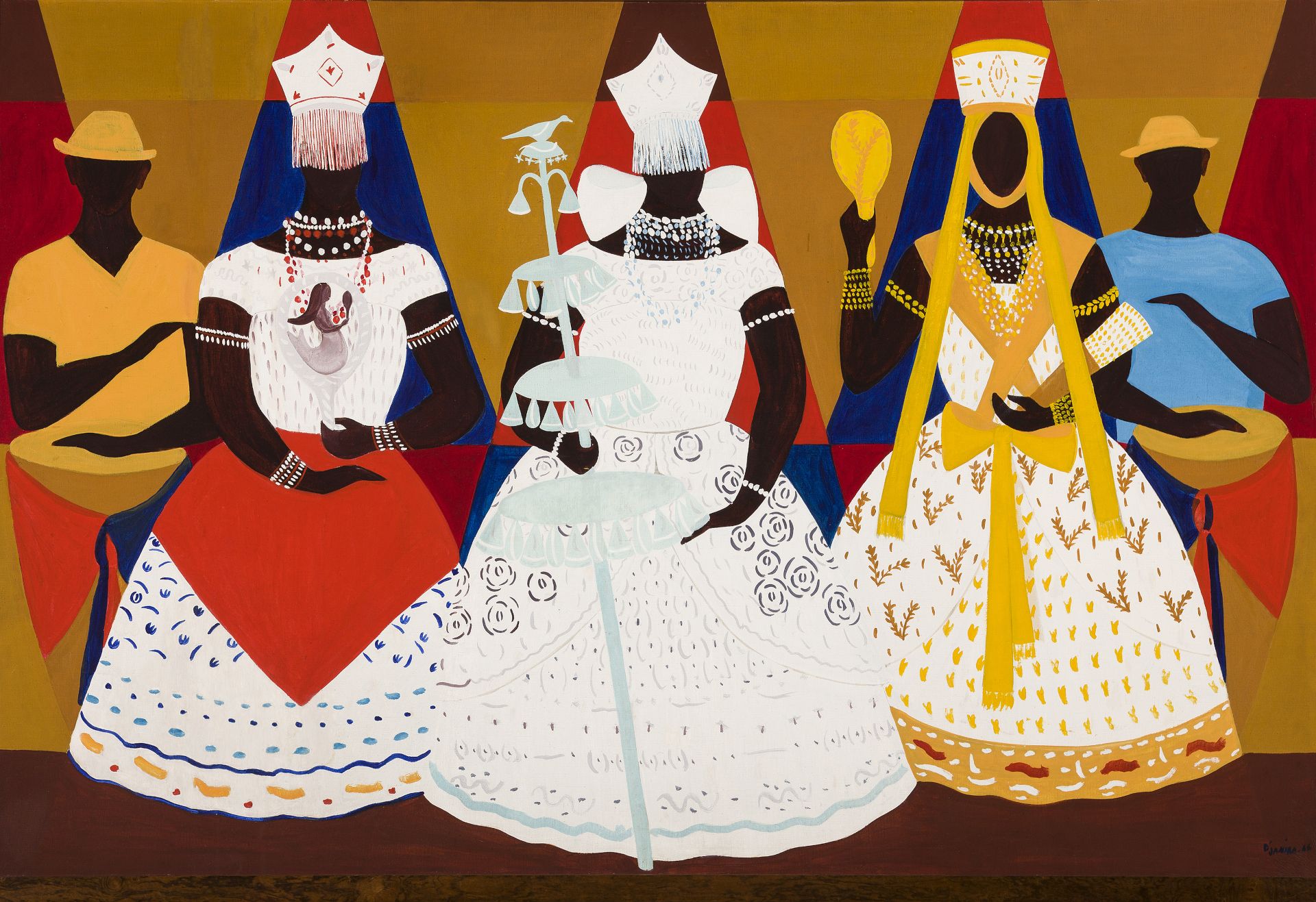 Het olieverfschilderij van Djanira da Motta e Silva toont drie belangrijkste godheden van het Afro-Braziliaanse Candomblé-geloof in een plechtige, geometrische compositie