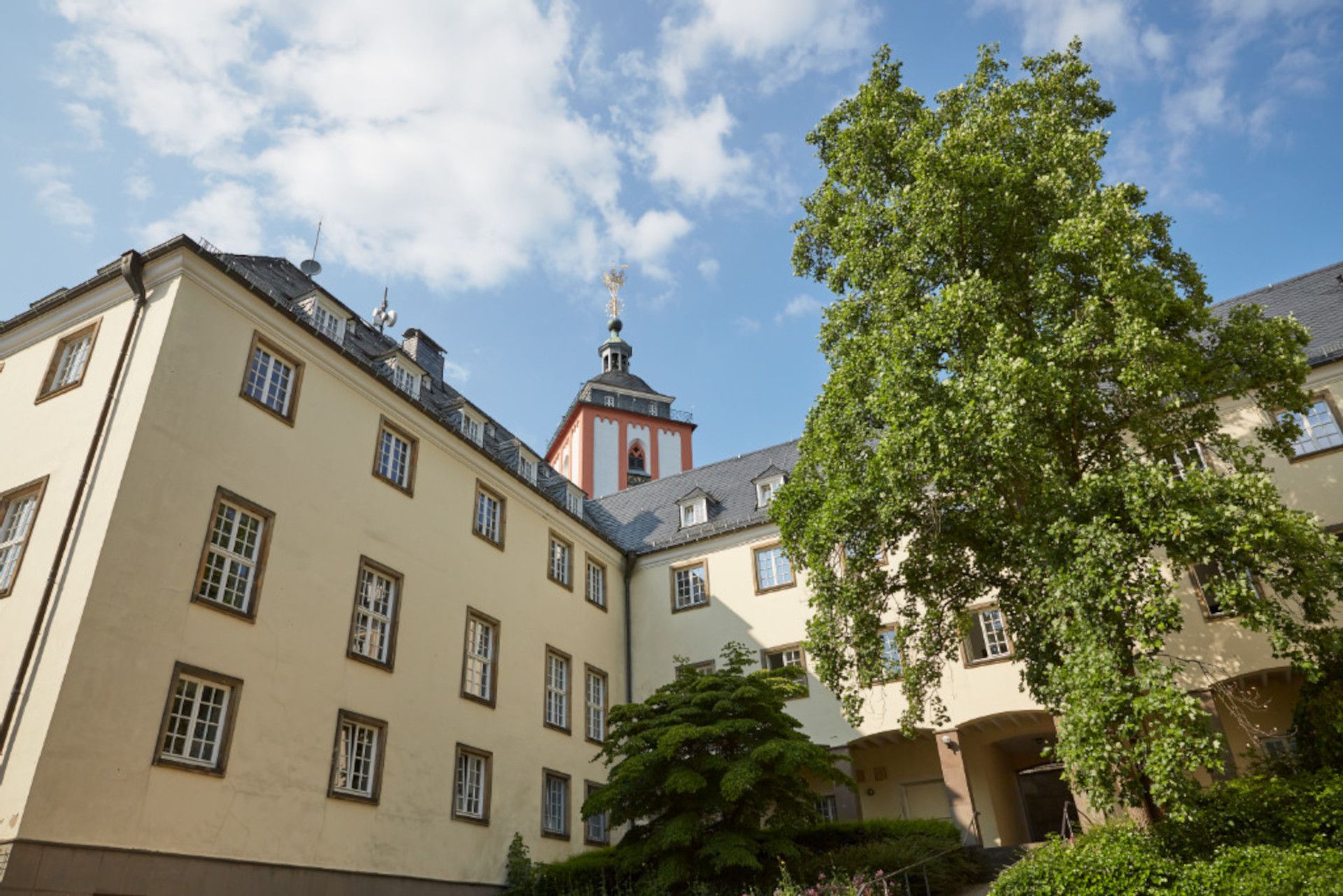 Er staat een huis en een boom voor het stadhuis in Siegen.