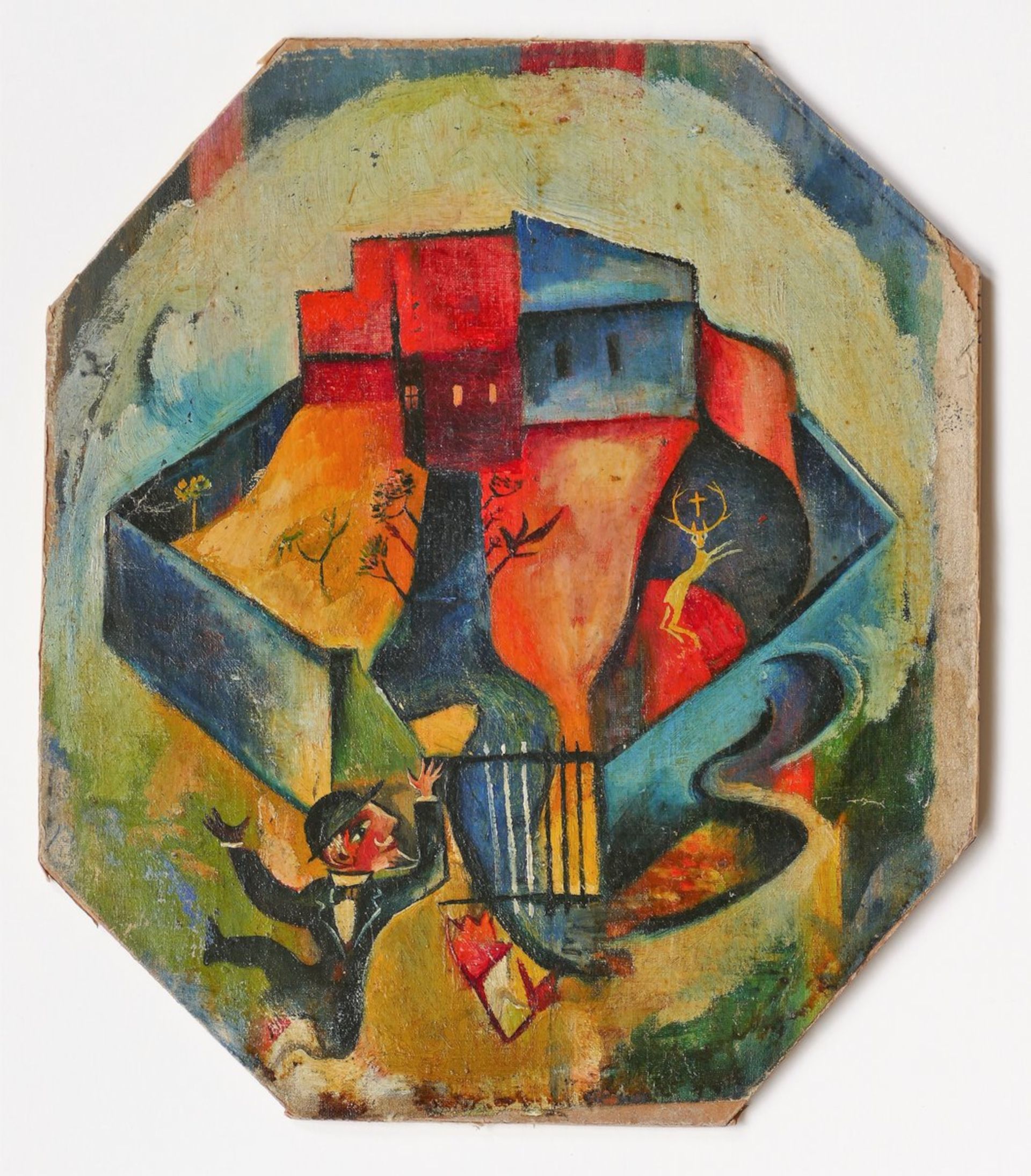 Max Ernst In de dierentuin van Keulen (Hubertushert), ca. 1919 Olieverf op doek, gemonteerd op karton, 29,3 × 25,3 cm Privébezit