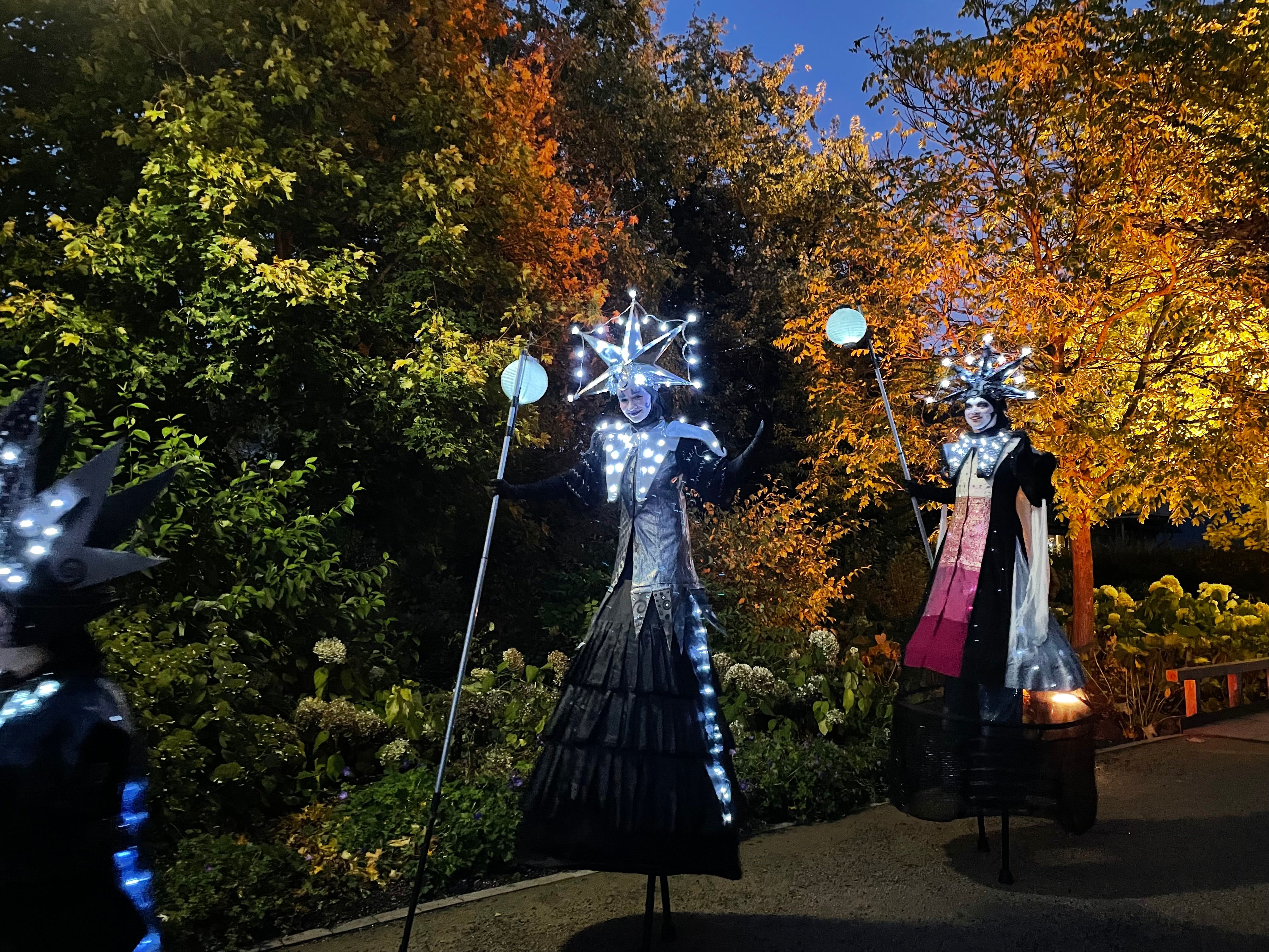 Twee artiesten op stelten dragen 's nachts gloeiende kostuums en hoeden in Lennestadt.