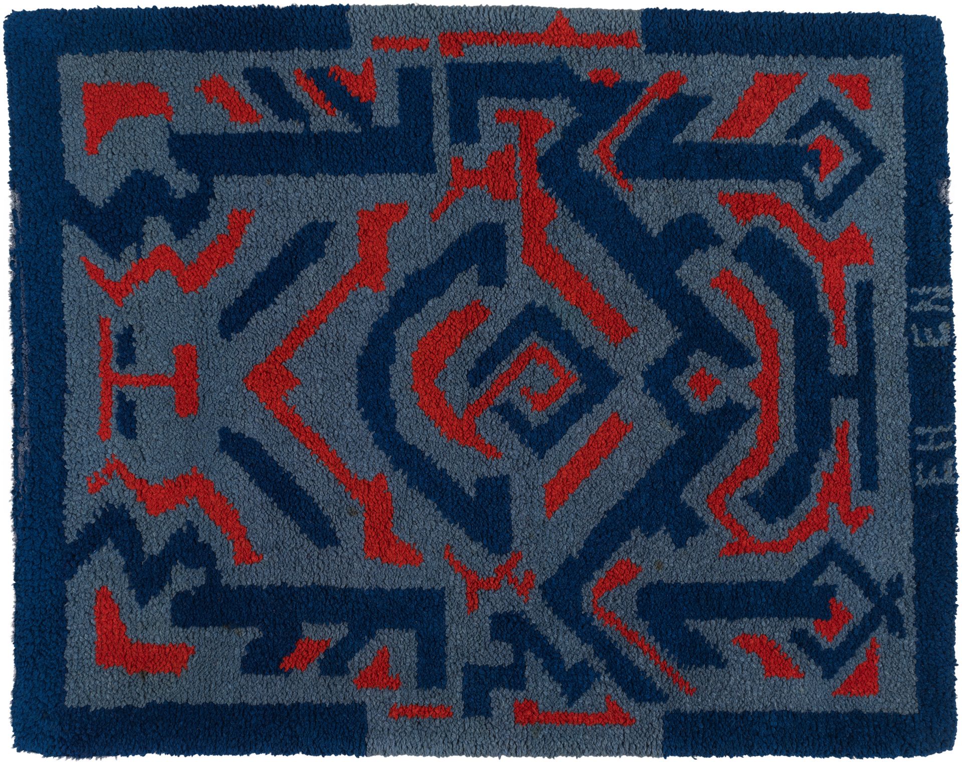 Elisabeth Nielsen-Georgi en Erich Heckel, tapijt met blauw-rood ornament, wol, geknoopt tapijt op een geknoopte ondergrond, Brücke-Museum