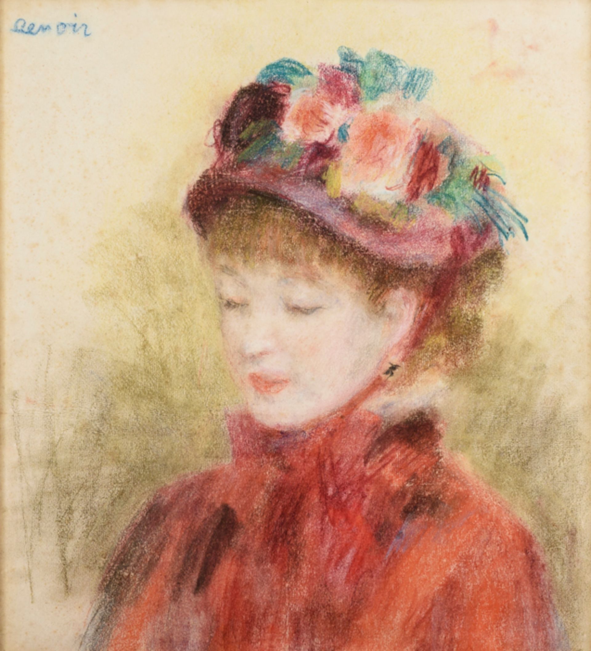 Pierre-Auguste Renoir, Jonge vrouw met gebloemde hoed, 1877-1879, Pastelkrijt op papier, 48×43 cm