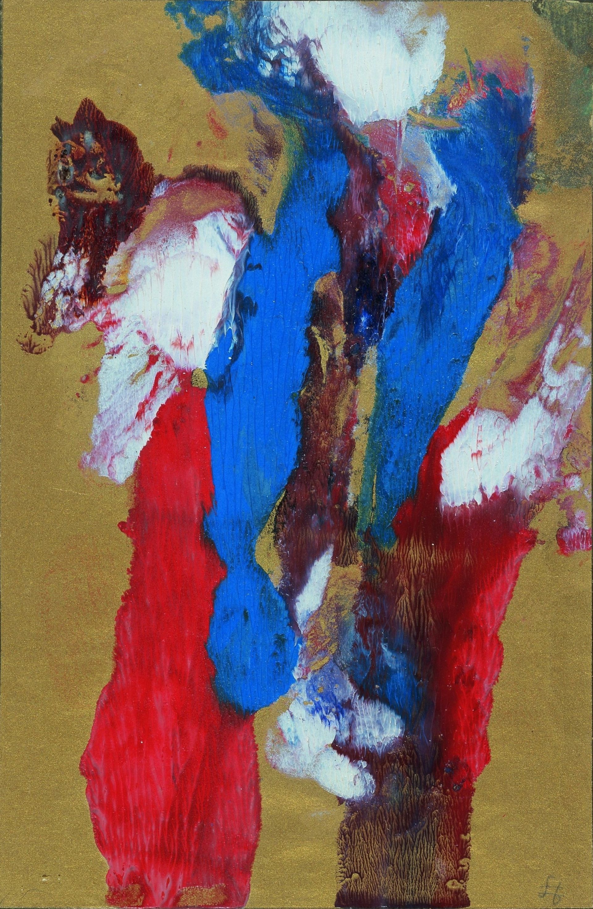Oskar Schlemmer
Zonder titel, 1941, lak op goudpapier, afmetingen met lijst: 28,2 x 21,9 x 6,5 cm
(historisch), afmetingen lijst: 52,7 x 42,9 x 2,4 cm, afmetingen blad: 18,8 x 12,3 cm