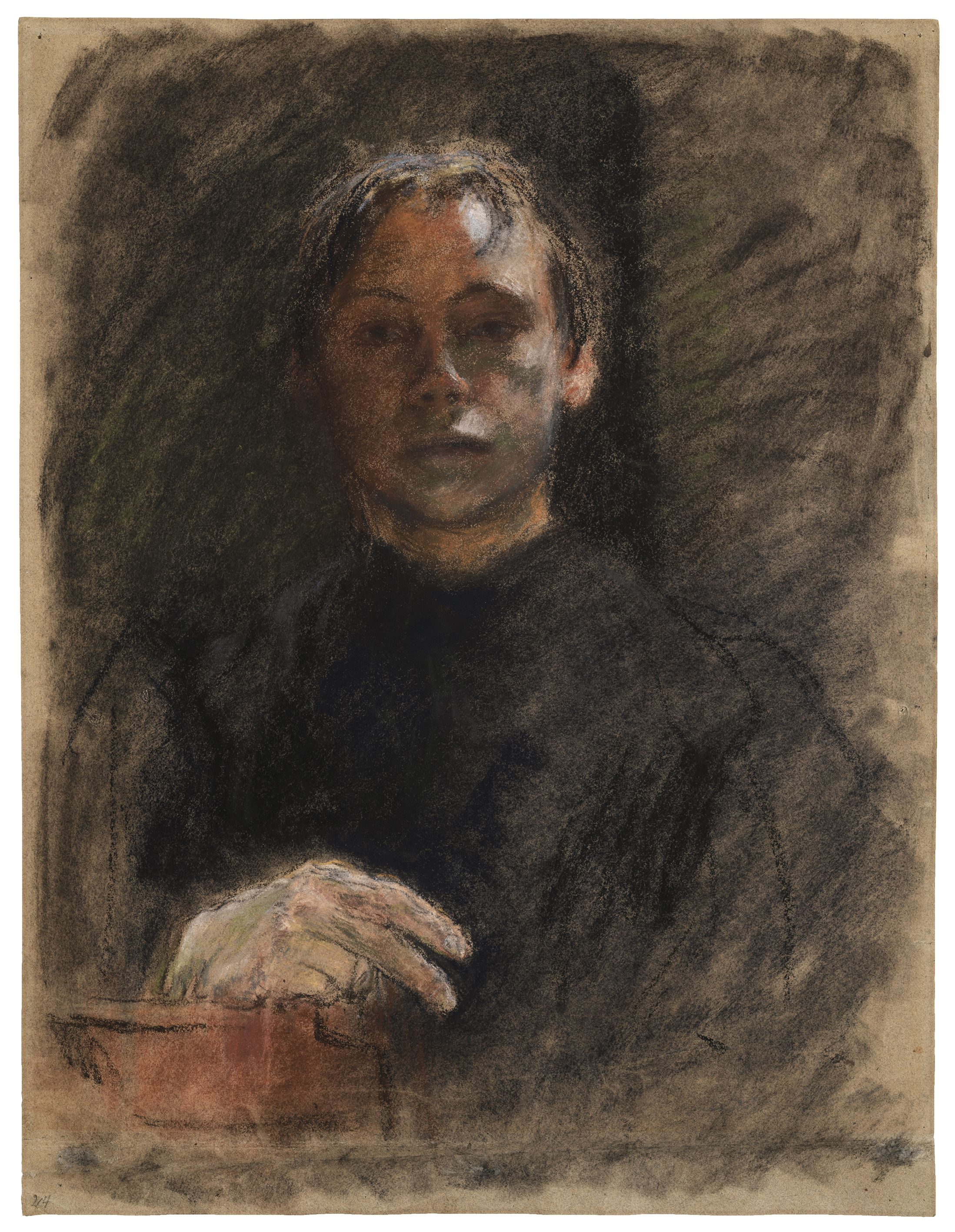 Käthe Kollwitz, 1867-1945, Zelfportret en gezicht met rechterhand, rond 1893/94, gekleurd krijt op olijfbruin getint papier, 633 x 488 mm