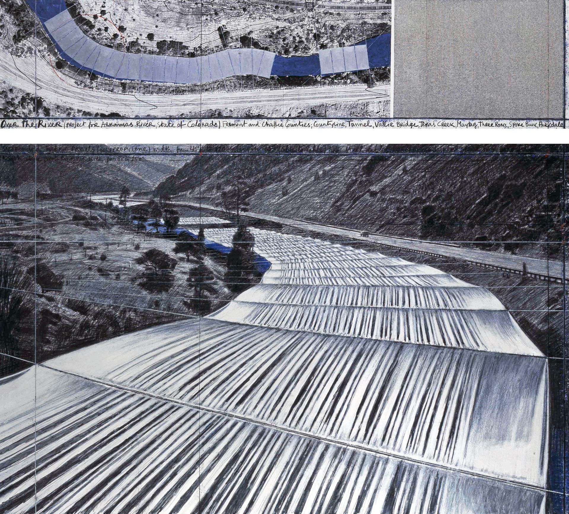 Over the River (Project for Arkansas River, State of Colorado), 2006, potlood, houtskool, pastelkrijt, waskrijt, emailverf, luchtfoto met hoogtelijnen en textielpatroon, Christo en Jeanne-Claude Foundation, New York