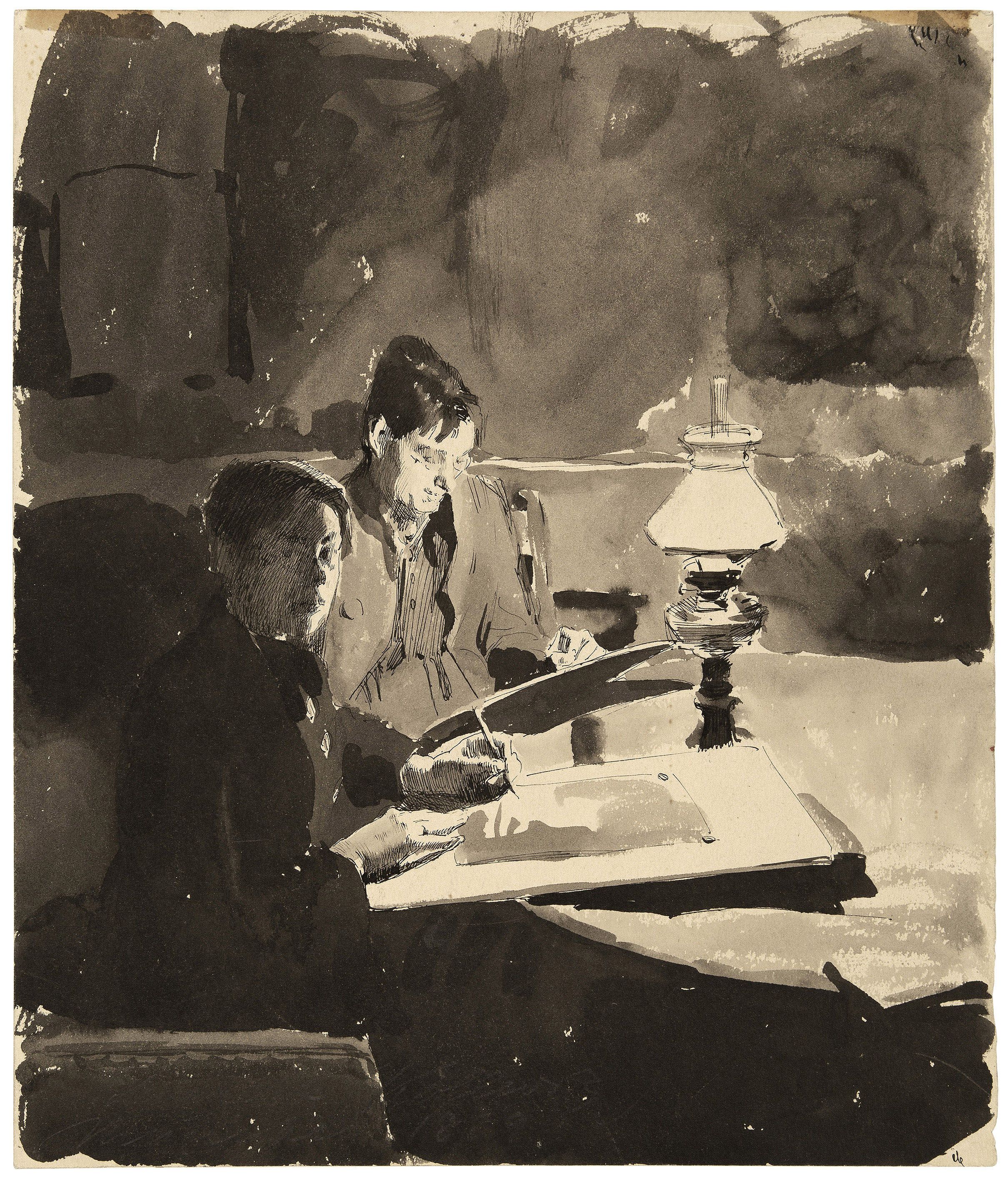 Käthe Schmidt (Kollwitz), 1867-1945, Zelfportret met medestudent, 1889, pen en penseel en inkt op dik velijnpapier, 295 x 270 mm
